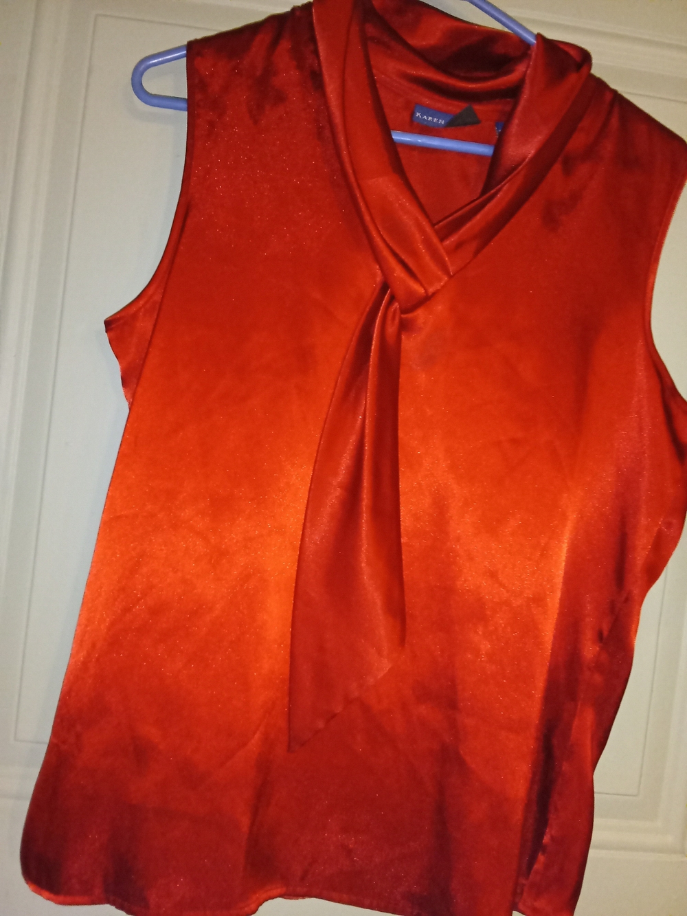 Karen Scott Red Satin Tie-Neck Sleeveless Blouse